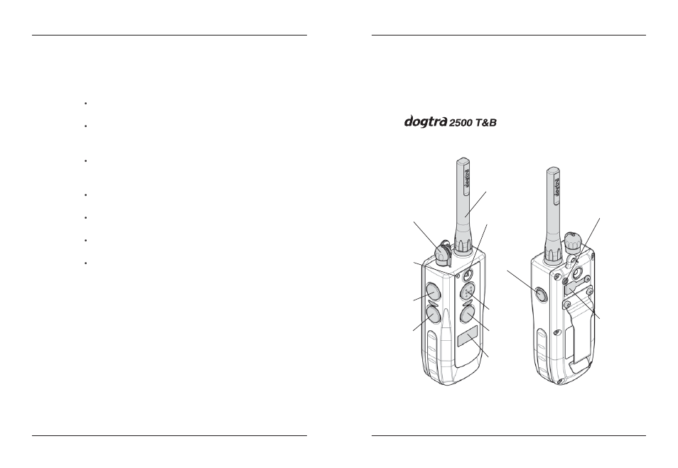 Package contents, Description of transmitter parts | Dogtra 2500B Series User Manual | Page 6 / 28