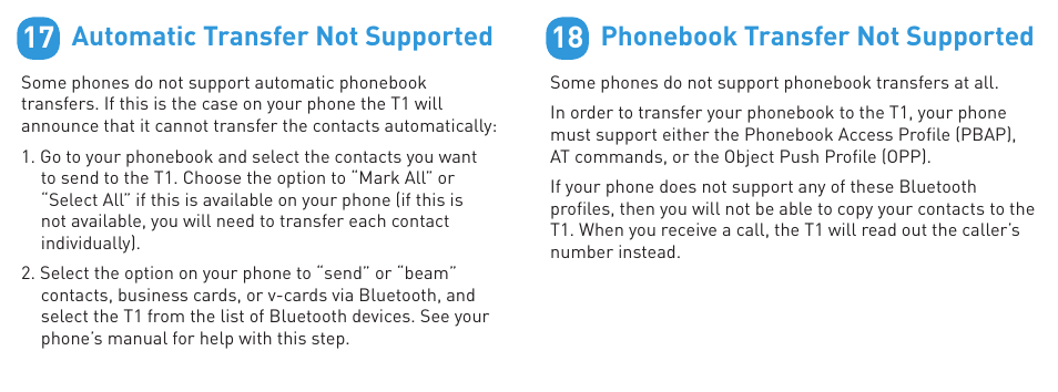 Automatic transfer not supported, Phonebook transfer not supported | BlueAnt T1 User Manual | Page 10 / 24