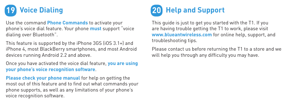 Voice dialing, Help and support | BlueAnt T1 User Manual | Page 11 / 24
