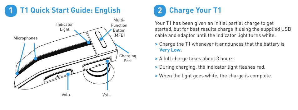 T1 quick start guide: english, Charge your t1 | BlueAnt T1 User Manual | Page 2 / 24