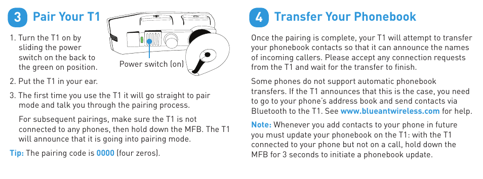 Pair your t1, Transfer your phonebook | BlueAnt T1 User Manual | Page 3 / 24