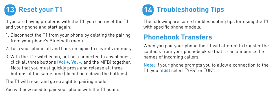 Reset your t1, Troubleshooting tips, Phonebook transfers | BlueAnt T1 User Manual | Page 8 / 24