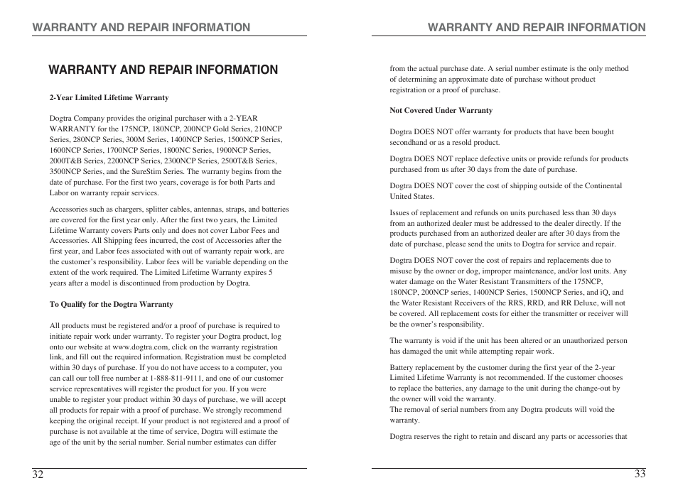 Warranty and repair information, 33 warranty and repair information, 32 warranty and repair information | Dogtra 300M Series User Manual | Page 18 / 20