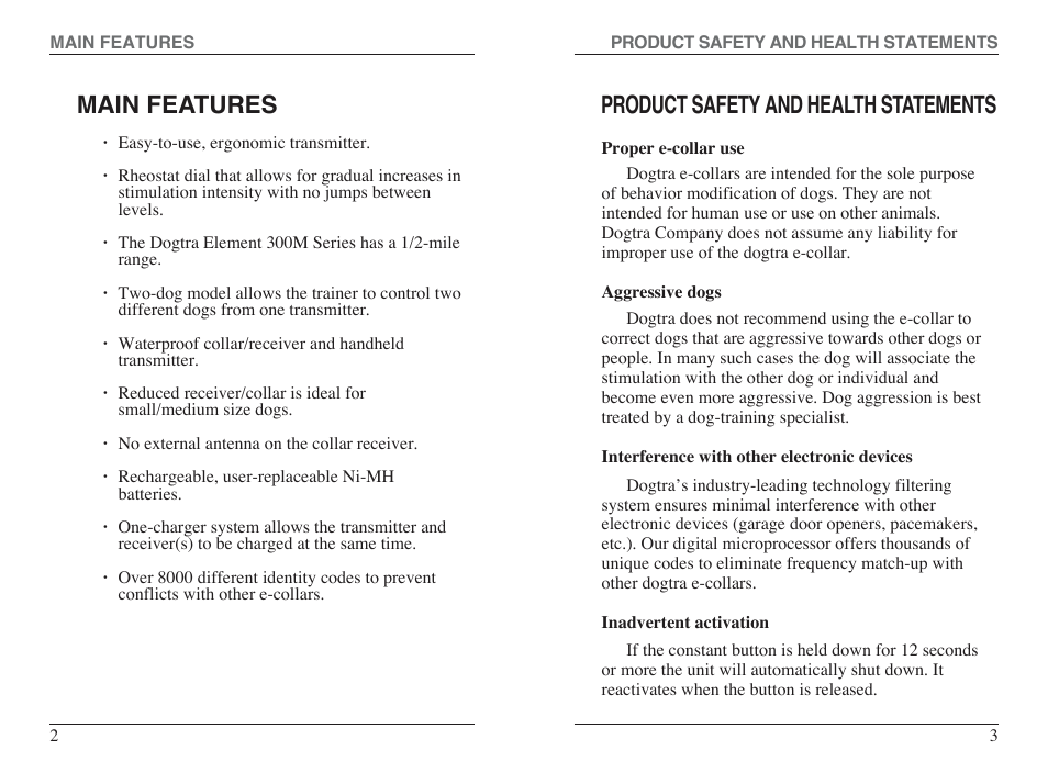 Main features, Product safety and health statements | Dogtra 300M Series User Manual | Page 3 / 20