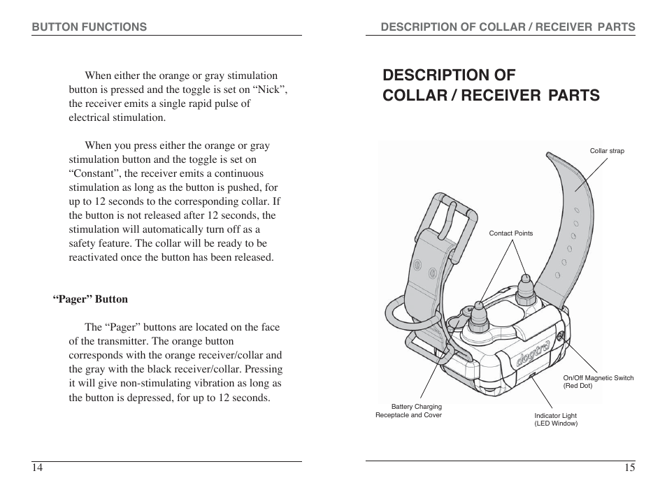 Description of collar / receiver parts | Dogtra 300M Series User Manual | Page 9 / 20