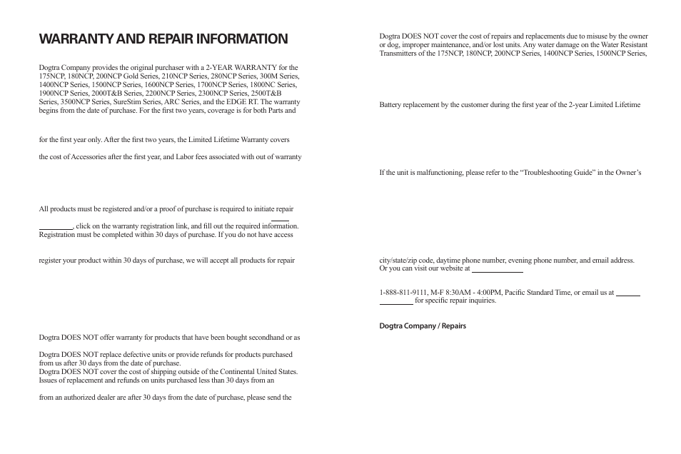 Warranty and repair information | Dogtra EDGE RT User Manual | Page 15 / 15