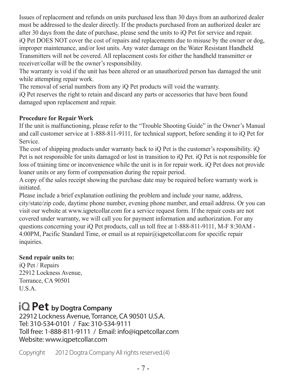 Dogtra iQ No Bark Collar User Manual | Page 8 / 8