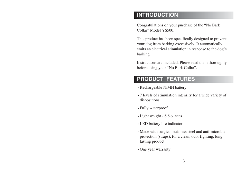 Introduction, Product features | Dogtra YS500 User Manual | Page 2 / 8