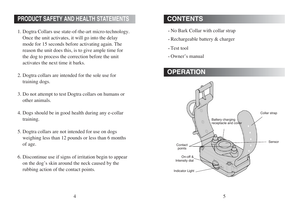 Contents operation, Product safety and health statements | Dogtra YS500 User Manual | Page 3 / 8