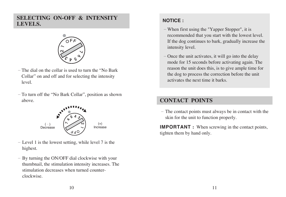 Contact points, Selecting on-off & intensity levels | Dogtra YS500 User Manual | Page 6 / 8