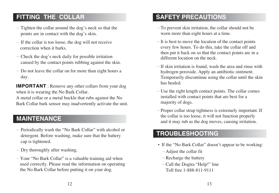 Safety precautions, Maintenance, Fitting the collar | Troubleshooting | Dogtra YS500 User Manual | Page 7 / 8