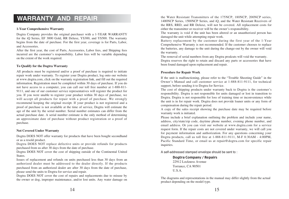 Warranty and repair | Dogtra YS500 User Manual | Page 8 / 8