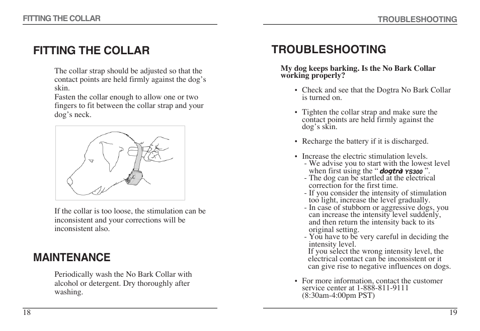 Fitting the collar maintenance, Troubleshooting | Dogtra YS300 User Manual | Page 10 / 12