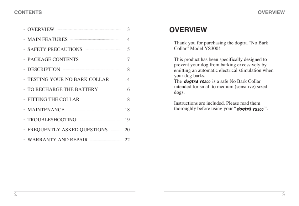 Overview | Dogtra YS300 User Manual | Page 2 / 12