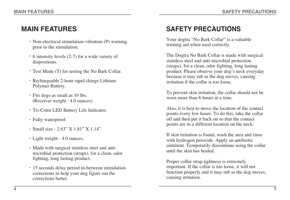 Main features, Safety precautions | Dogtra YS300 User Manual | Page 3 / 12