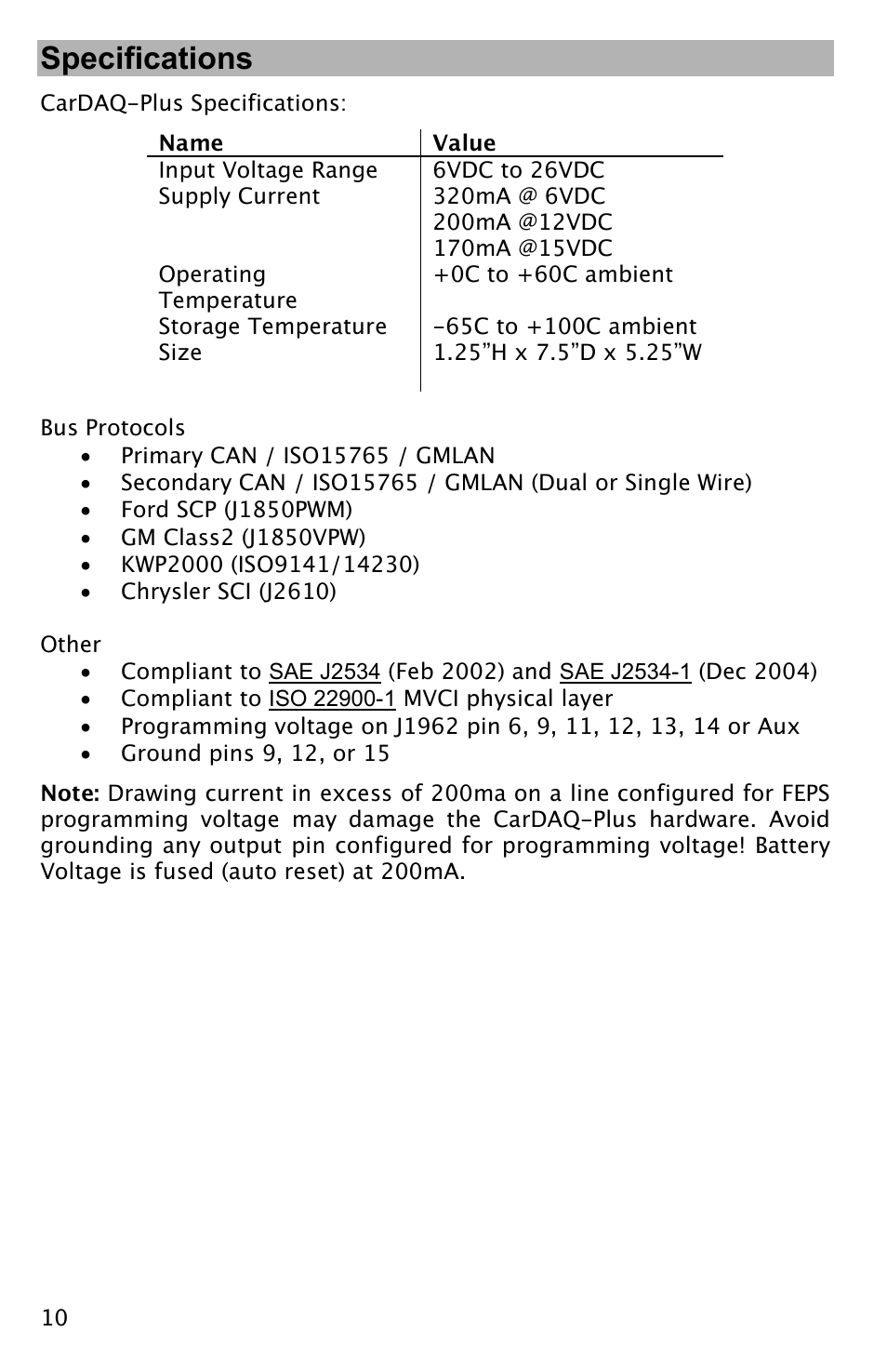 Specifications | Drew Technologies CarDAQ-Plus User Manual | Page 10 / 16