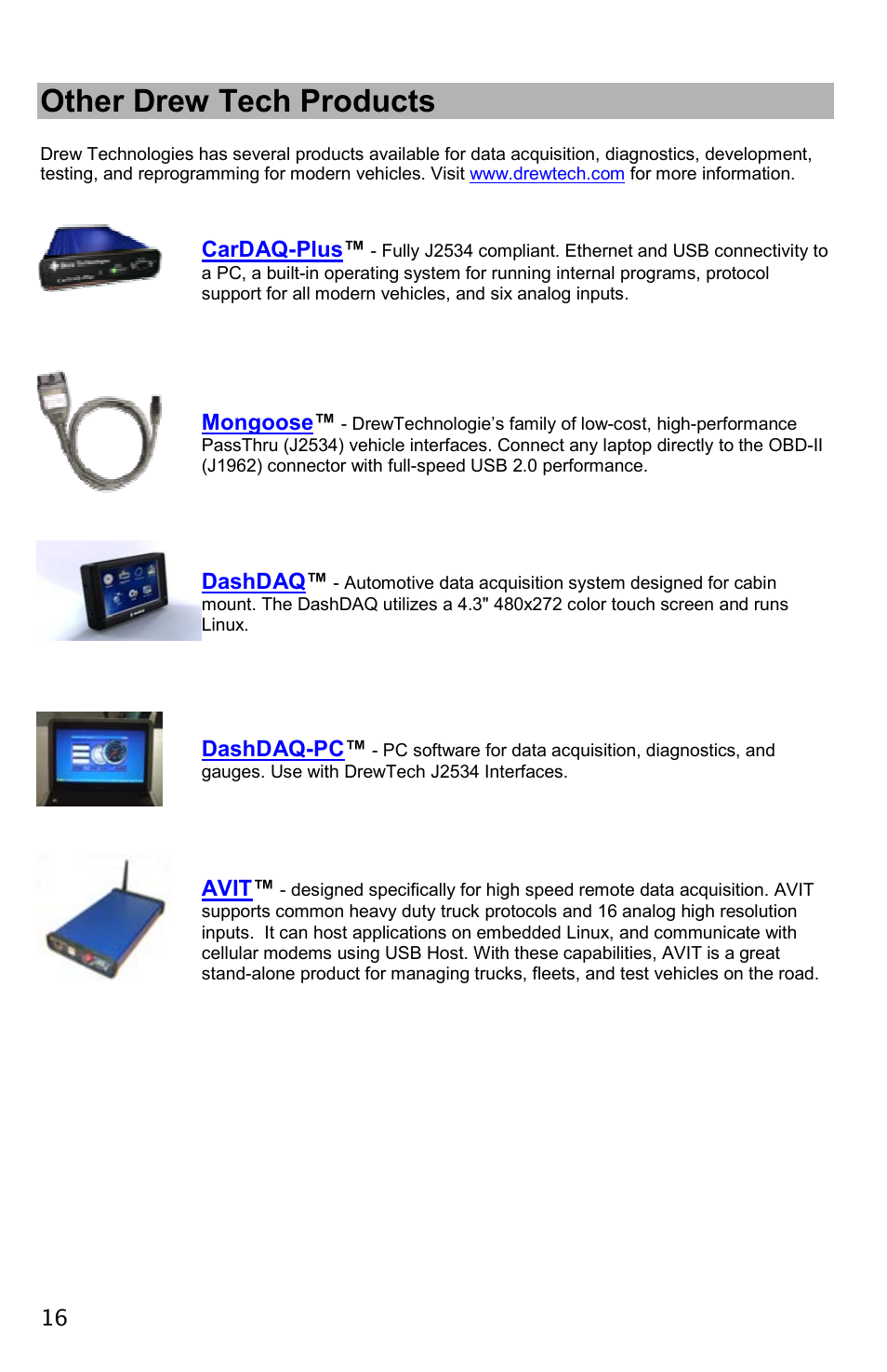 Other drew tech products | Drew Technologies CarDAQ-Plus User Manual | Page 16 / 16