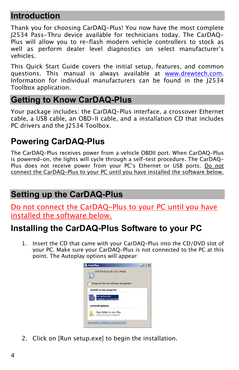 Introduction, Getting to know cardaq-plus, Powering cardaq-plus | Setting up the cardaq-plus, Installing the cardaq-plus software to your pc | Drew Technologies CarDAQ-Plus User Manual | Page 4 / 16