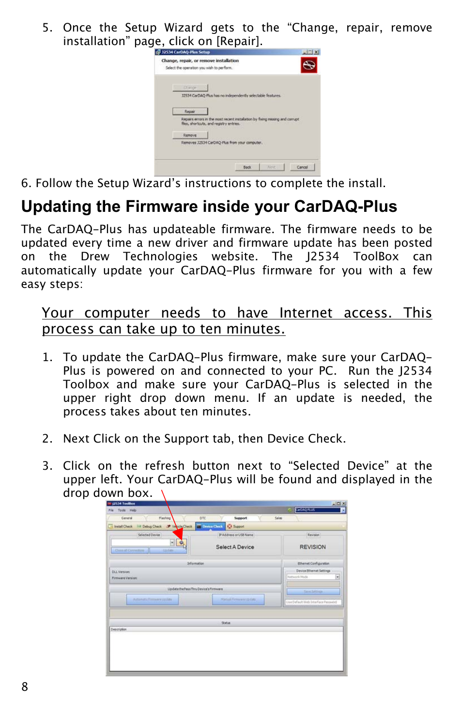 Updating the firmware inside your cardaq-plus | Drew Technologies CarDAQ-Plus User Manual | Page 8 / 16
