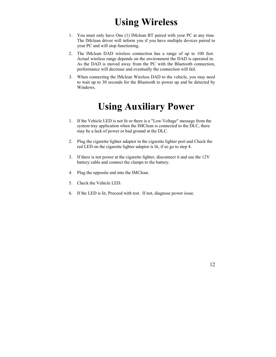 Using wireless, Using auxiliary power | Drew Technologies IMclean? DAD User Manual | Page 12 / 16