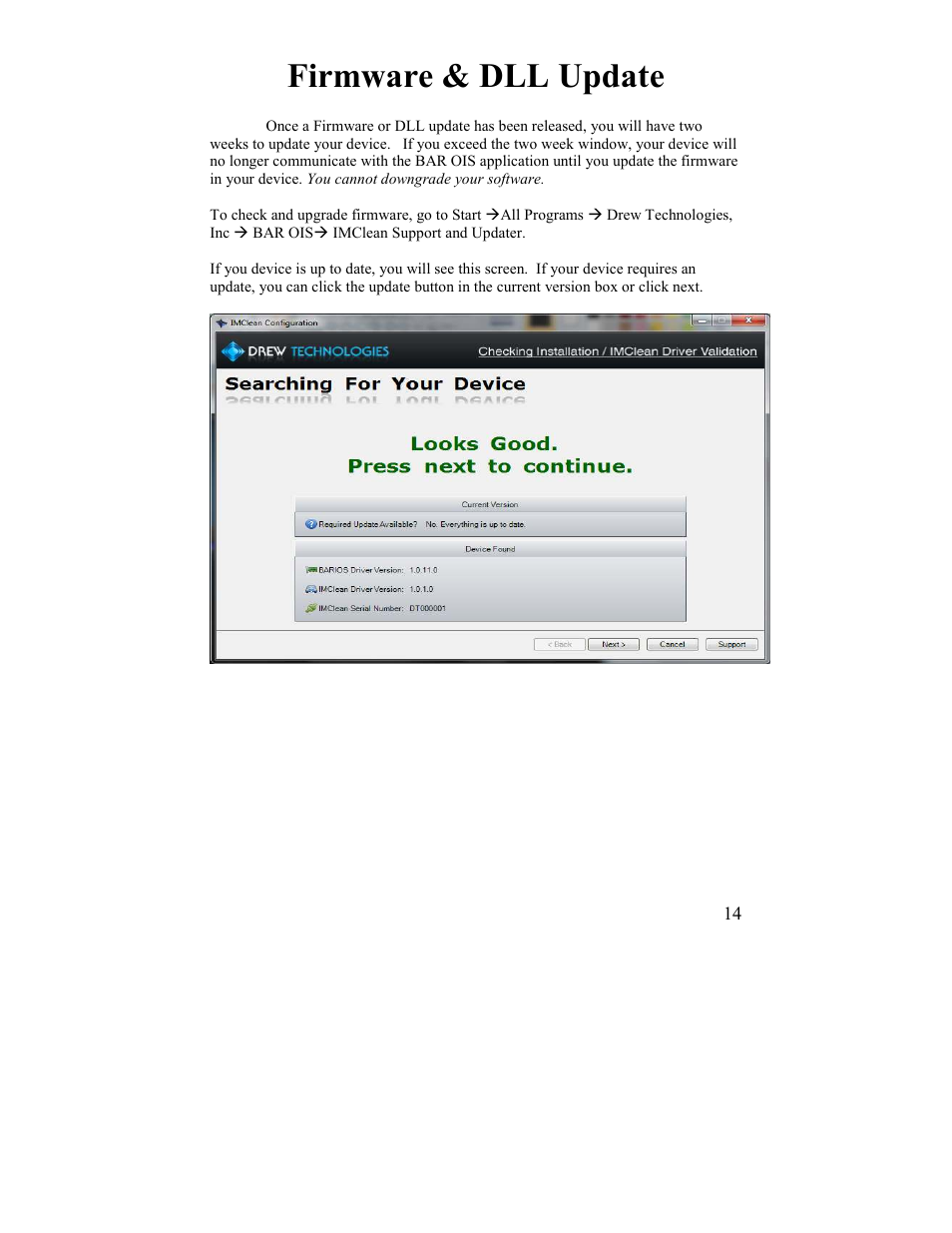 Firmware & dll update | Drew Technologies IMclean? DAD User Manual | Page 14 / 16