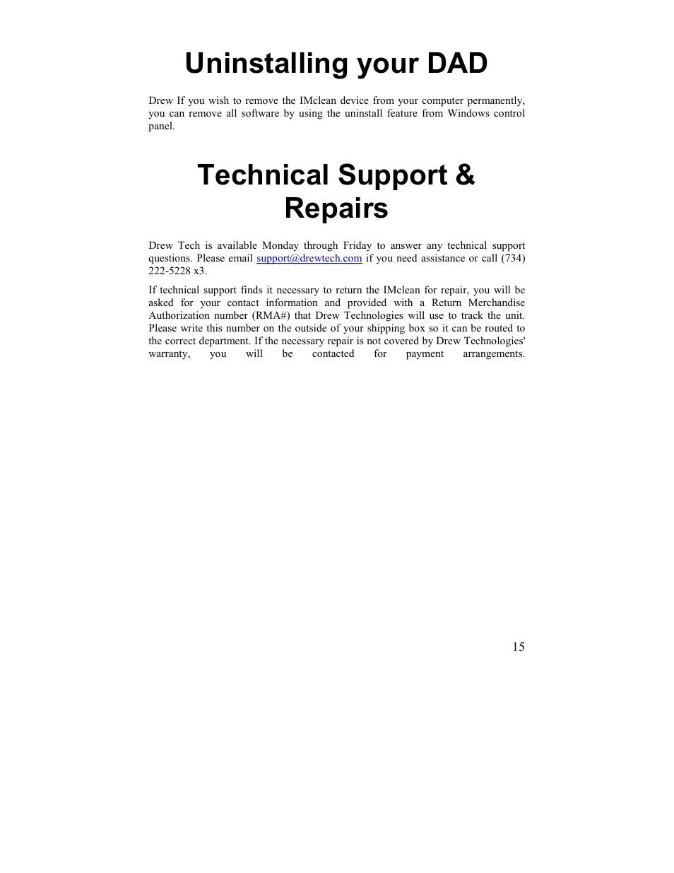 Uninstalling your dad, Technical support & repairs | Drew Technologies IMclean? DAD User Manual | Page 15 / 16
