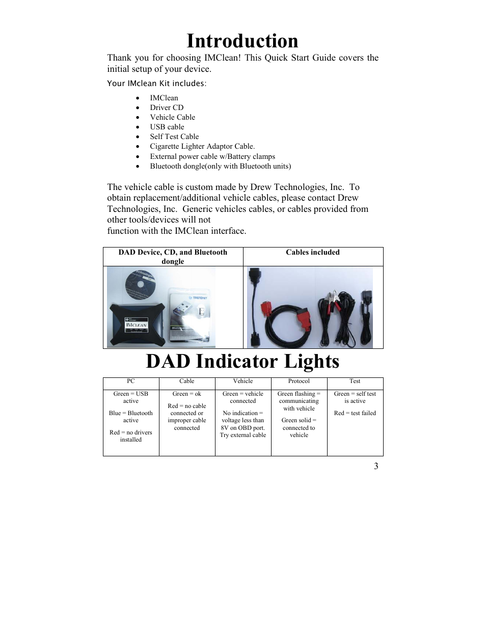 Introduction, Dad indicator lights | Drew Technologies IMclean? DAD User Manual | Page 3 / 16