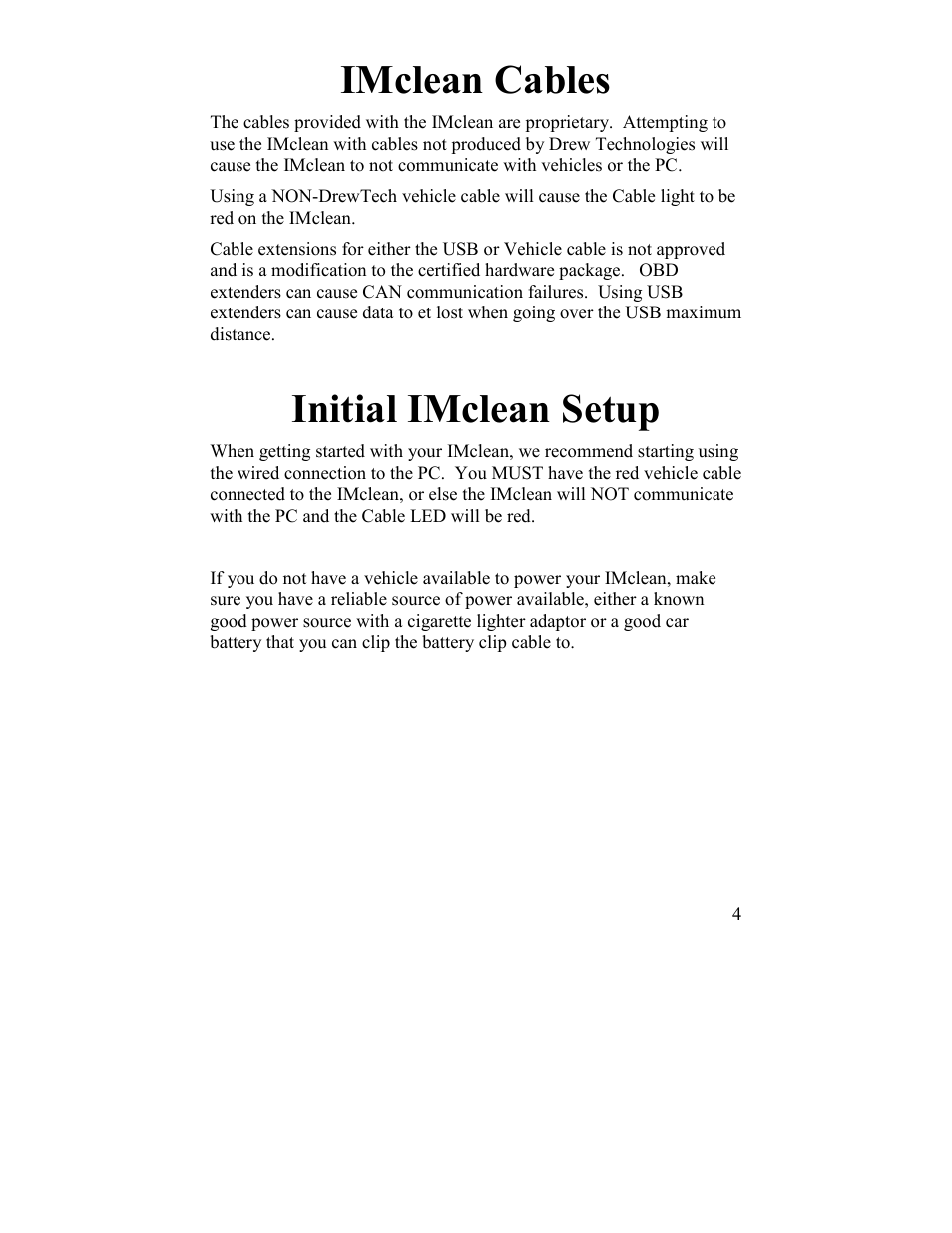 Imclean cables, Initial imclean setup | Drew Technologies IMclean? DAD User Manual | Page 4 / 16