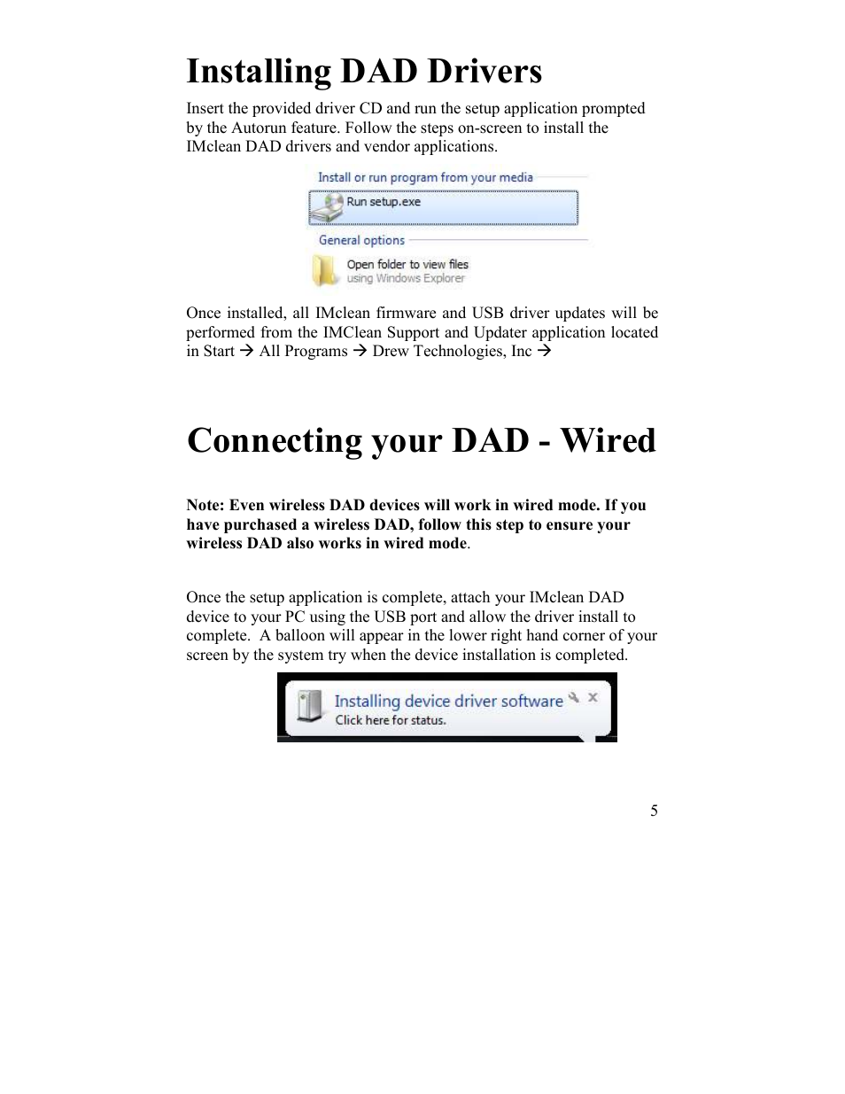 Installing dad drivers, Connecting your dad - wired | Drew Technologies IMclean? DAD User Manual | Page 5 / 16