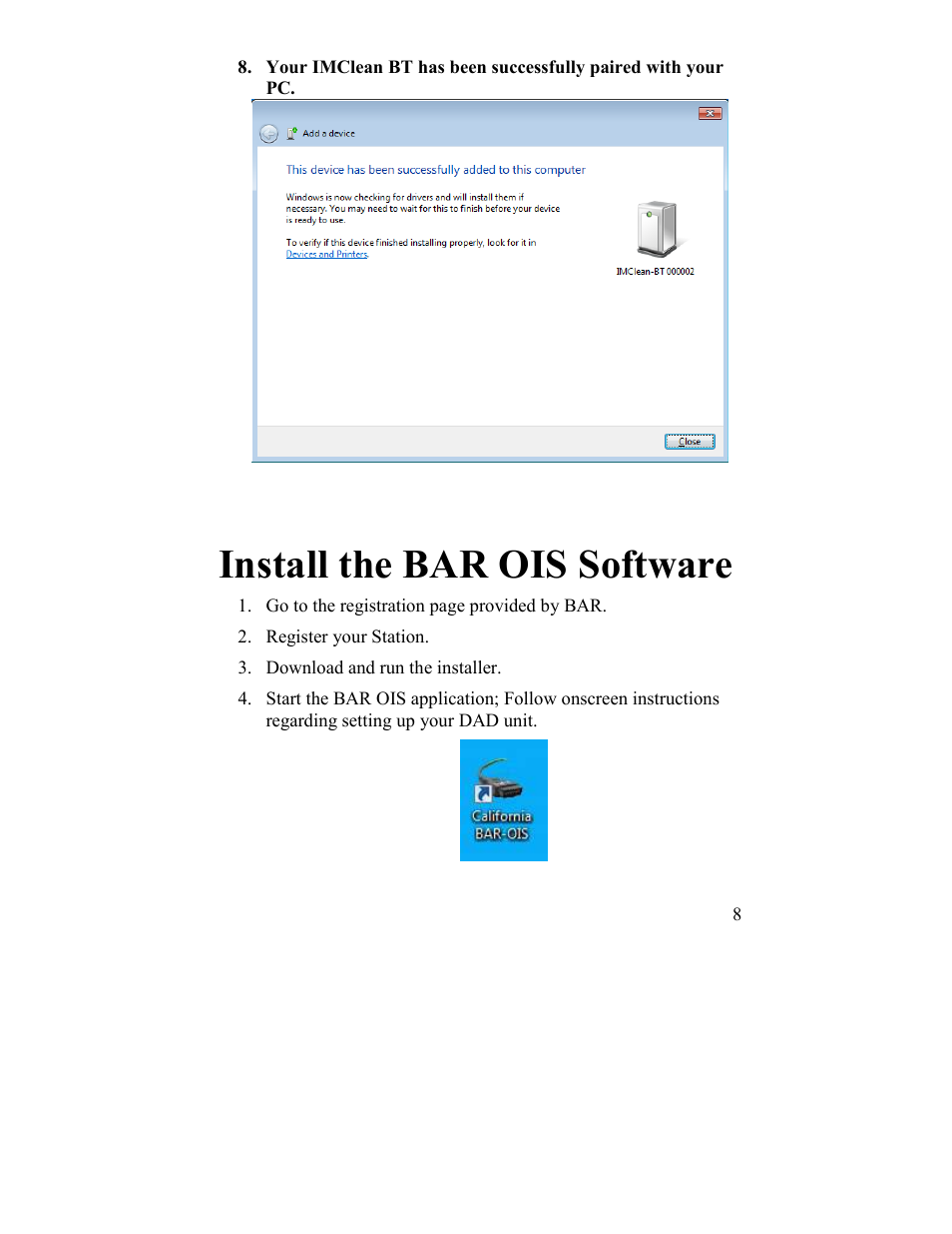 Install the bar ois software | Drew Technologies IMclean? DAD User Manual | Page 8 / 16