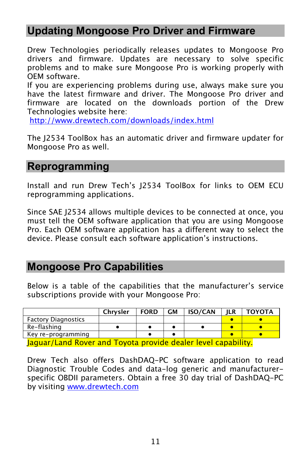 Updating mongoose pro driver and firmware, Reprogramming, Mongoose pro capabilities | Drew Technologies MongoosePr JLR User Manual | Page 11 / 16