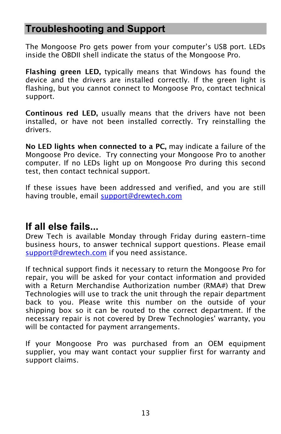 Troubleshooting and support, If all else fails | Drew Technologies MongoosePr JLR User Manual | Page 13 / 16