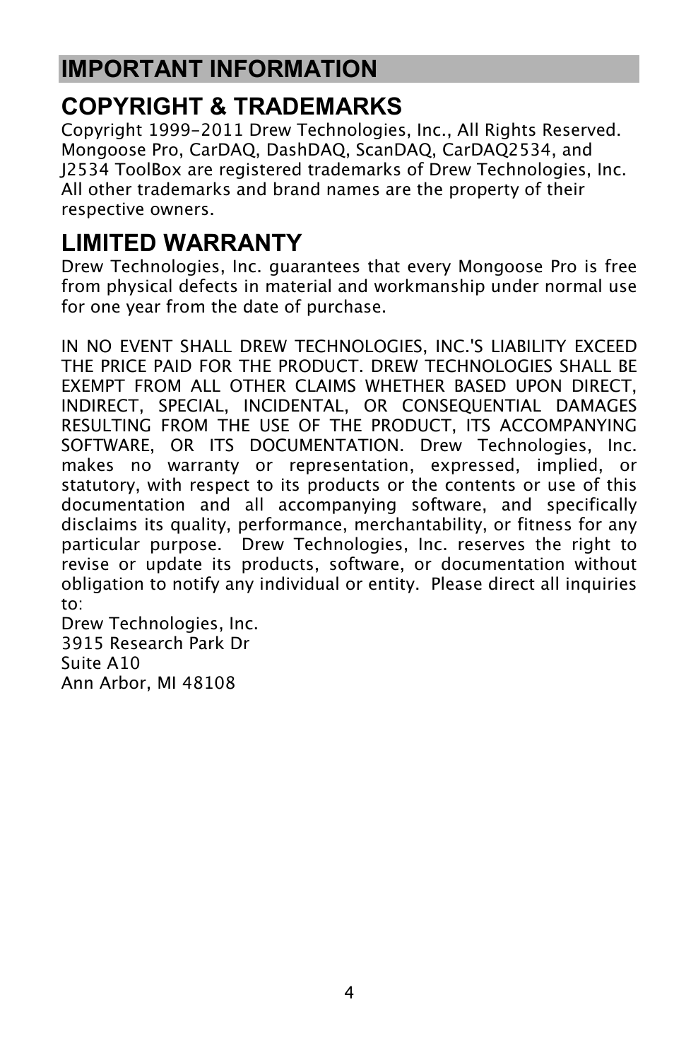 Important information copyright & trademarks, Limited warranty | Drew Technologies MongoosePr JLR User Manual | Page 4 / 16