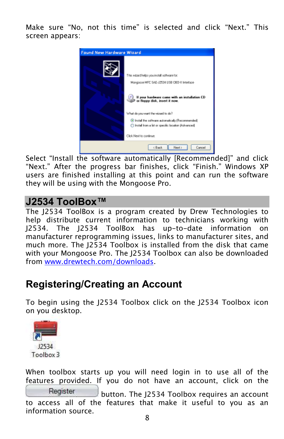 J2534 toolbox, Registering/creating an account | Drew Technologies MongoosePr JLR User Manual | Page 8 / 16