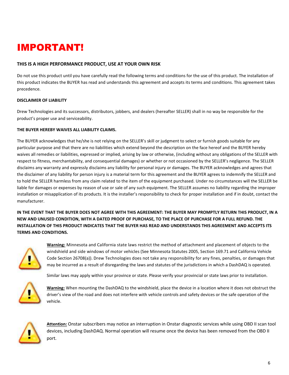 Important | Drew Technologies DASHDAQ-XL User Manual | Page 6 / 47