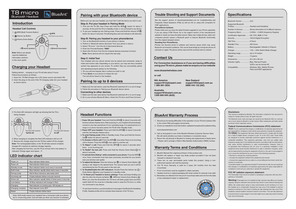 BlueAnt T8 Micro Bluetooth Headset User Manual | 1 page