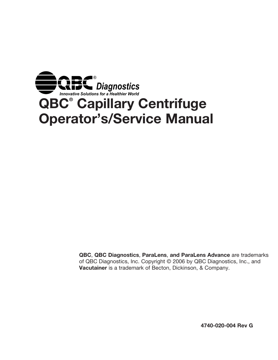 Capillary centrifuge operator’s/service manual, Diagnostics | Drucker Diagnostics QBC Horizon 755VES Centrifuge (120V, 60Hz) User Manual | Page 2 / 31