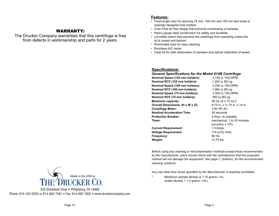 Drucker Diagnostics Model 614B Centrifuge User Manual | Page 3 / 6