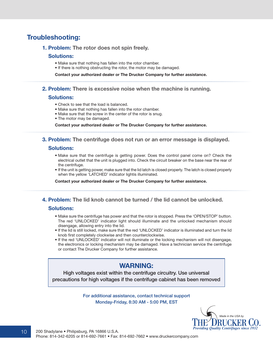 Troubleshooting: warning | Drucker Diagnostics Model 642VES Centrifuge User Manual | Page 10 / 12