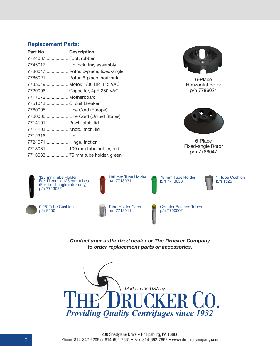 Providing quality centrifuges since 1932 | Drucker Diagnostics Model 642VES Centrifuge User Manual | Page 12 / 12