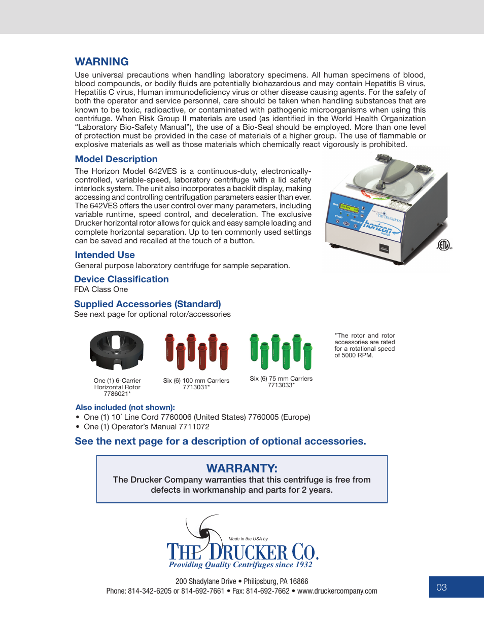 Warranty, Warning | Drucker Diagnostics Model 642VES Centrifuge User Manual | Page 3 / 12