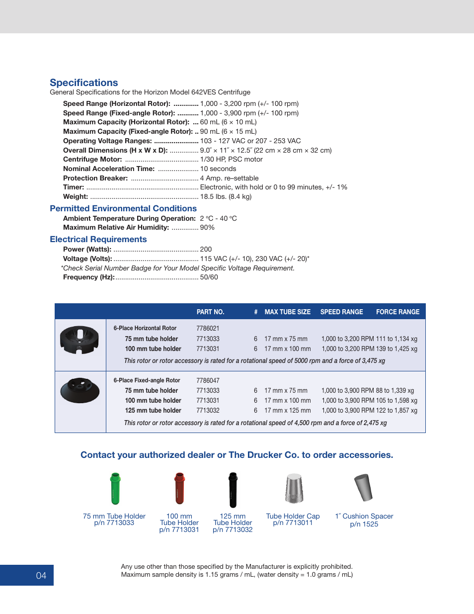 Specifications, C - 40, Part no. # max tube size speed range force range | Drucker Diagnostics Model 642VES Centrifuge User Manual | Page 4 / 12