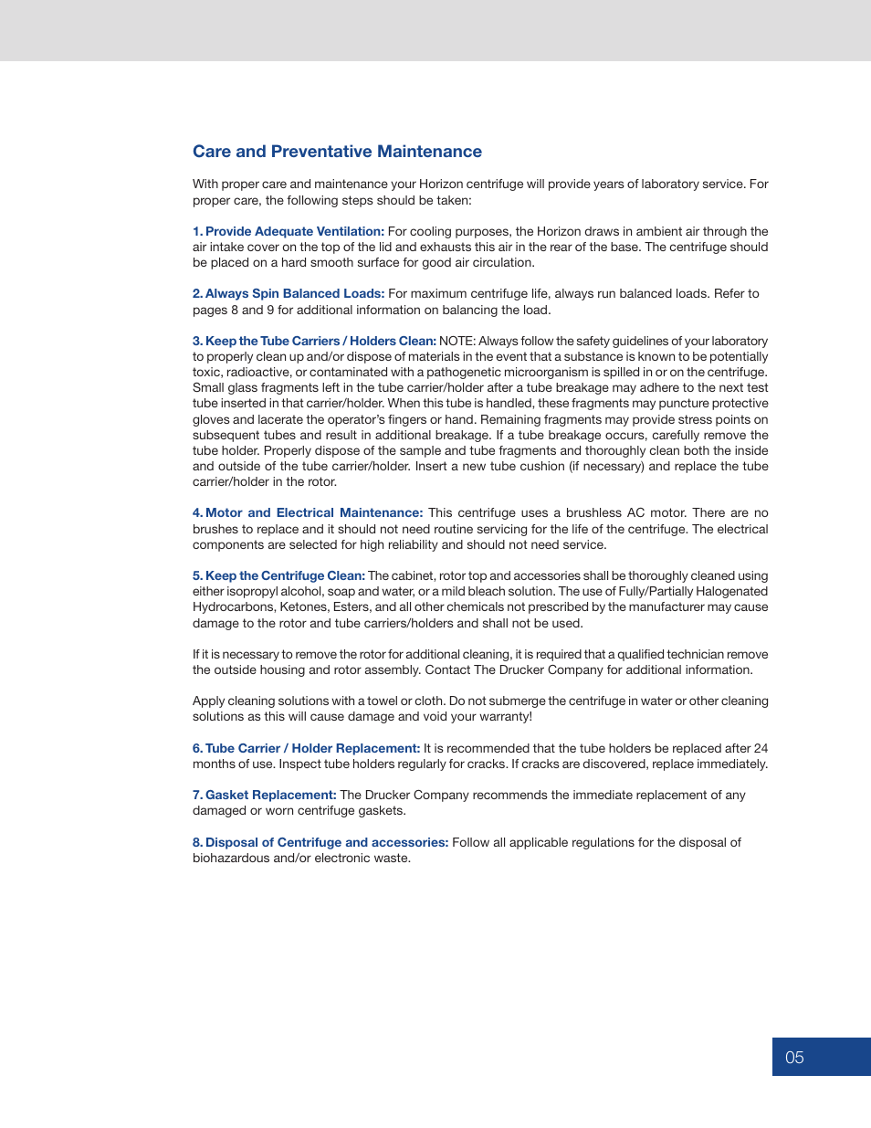 05 care and preventative maintenance | Drucker Diagnostics Model 642VES Centrifuge User Manual | Page 5 / 12