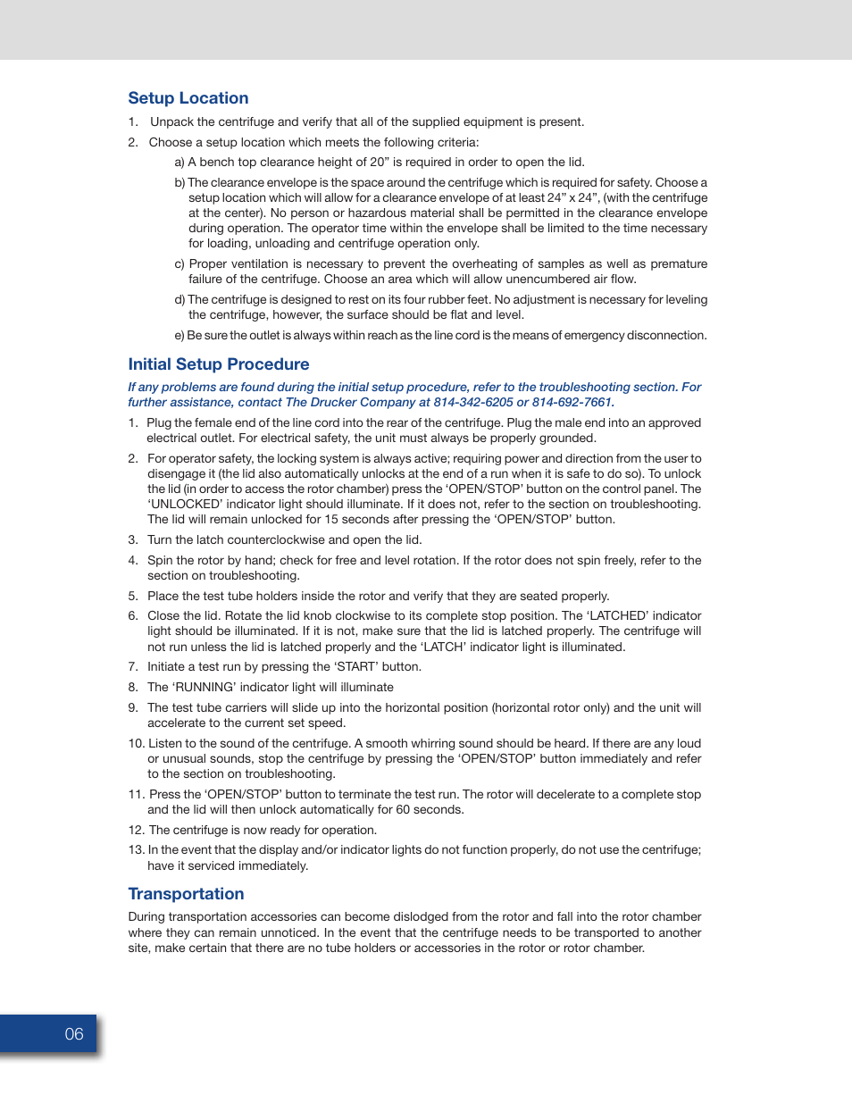 Initial setup procedure setup location, Transportation | Drucker Diagnostics Model 642VES Centrifuge User Manual | Page 6 / 12