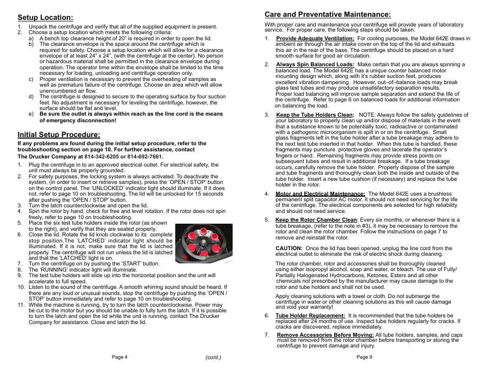 Setup location, Initial setup procedure, Care and preventative maintenance | Drucker Diagnostics Model 642E Centrifuge User Manual | Page 4 / 6