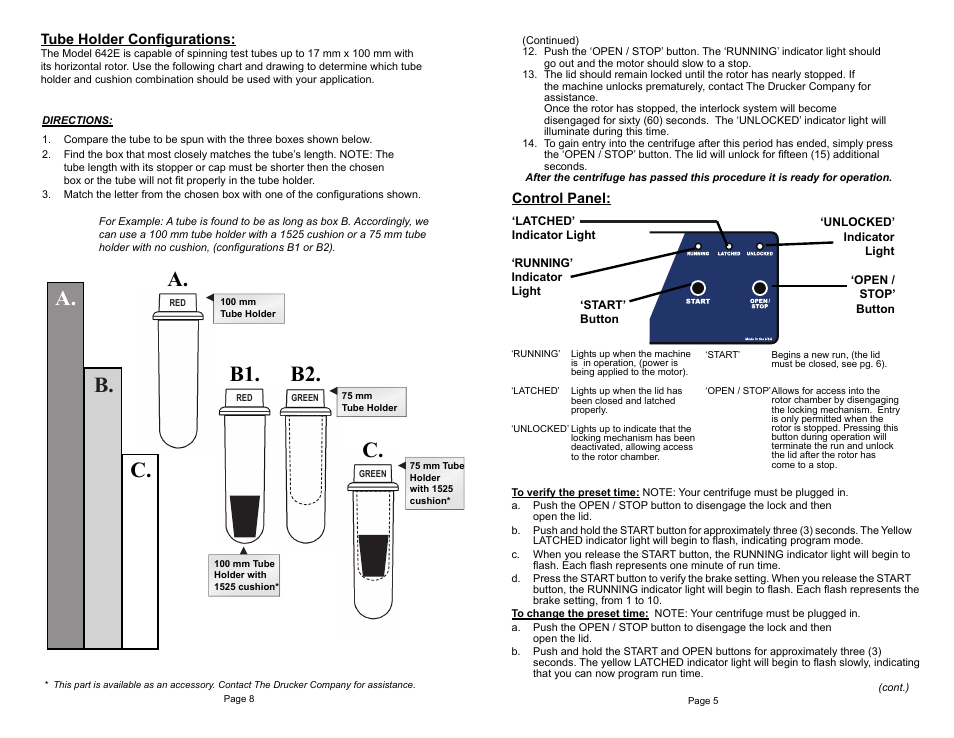 B. c. a, B1. b2, Control panel | Tube holder configurations | Drucker Diagnostics Model 642E Centrifuge User Manual | Page 5 / 6
