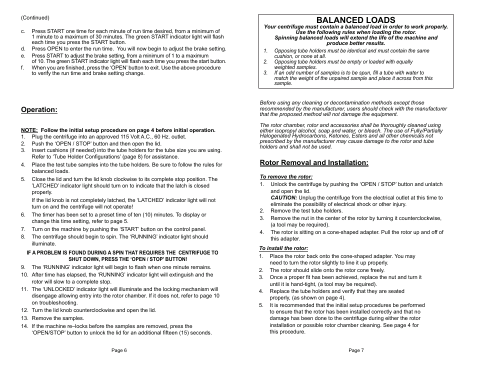 Balanced loads, Operation, Rotor removal and installation | Drucker Diagnostics Model 642E Centrifuge User Manual | Page 6 / 6