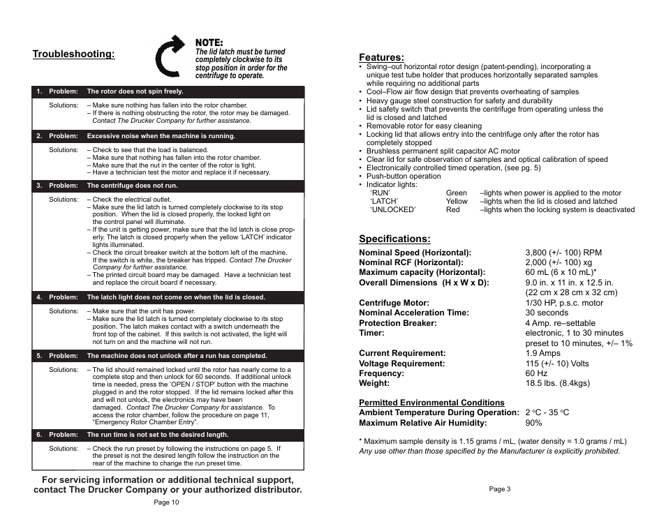 Features, Specifications | Drucker Diagnostics Model 642VFD Centrifuge User Manual | Page 3 / 7
