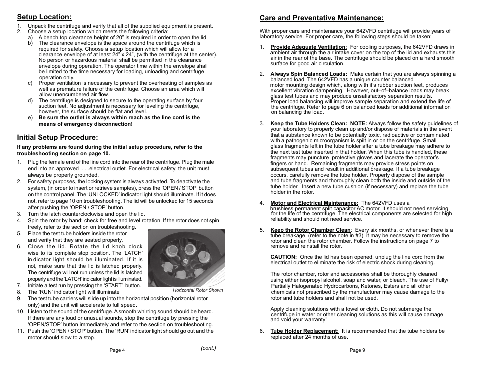 Setup location, Initial setup procedure, Care and preventative maintenance | Drucker Diagnostics Model 642VFD Centrifuge User Manual | Page 4 / 7