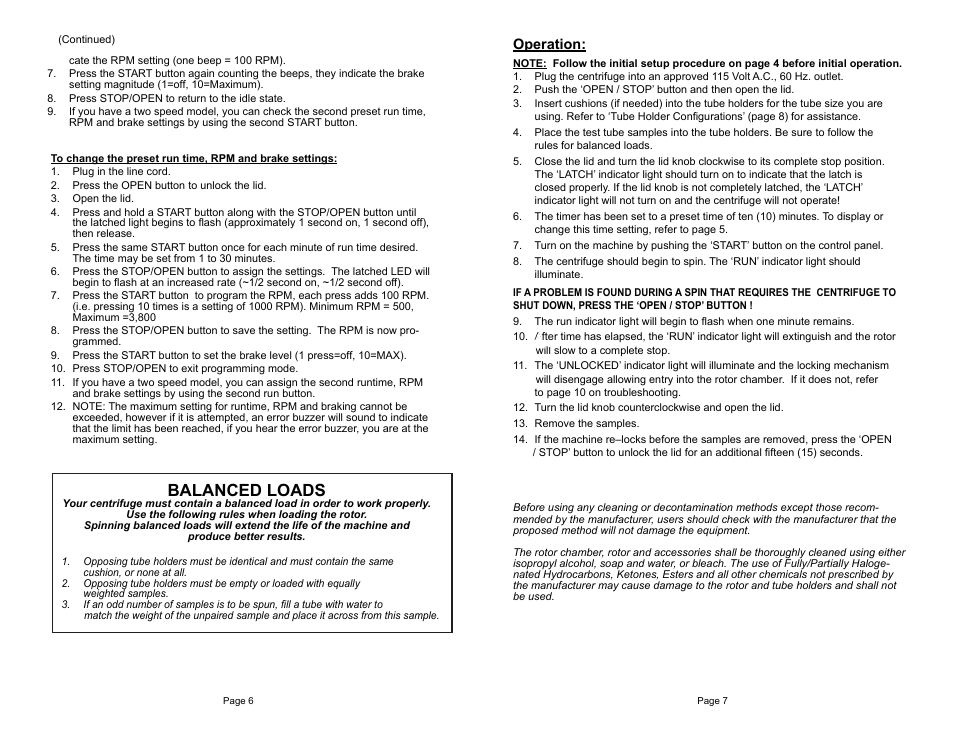 Balanced loads, Operation | Drucker Diagnostics Model 642VFD Centrifuge User Manual | Page 6 / 7